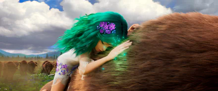 Animated character with green hair from Mavka: The Forest Song embracing a creature in a magical HD desktop wallpaper.