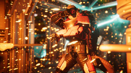 Science fiction themed HD wallpaper featuring a member of the Void Crew in futuristic armor surrounded by dynamic lighting effects.