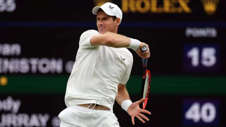 Andy Murray in action during Wimbledon 2023, showcasing his tennis skills in an HD sports wallpaper, capturing the intensity of the match.