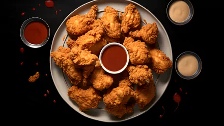 Crispy fried chicken with dipping sauces on a dark background, HD food wallpaper.