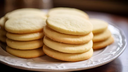 A stack of delicious sugar cookies arranged on a decorative plate, showcasing their smooth texture and golden edges, making for an appetizing HD desktop wallpaper.