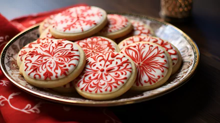 A decorative plate of beautifully iced sugar cookies features intricate red and white designs, set against a soft, warm background, making it an inviting wallpaper choice.