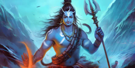 HD desktop wallpaper depicting Lord Shiva in a majestic pose with a trident, set against a backdrop of icy mountains, showcasing vibrant blue and orange hues.