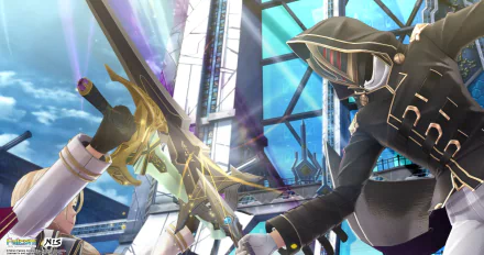 HD desktop wallpaper from The Legend of Heroes: Trails into Reverie featuring two characters dueling with swords amidst a bright, futuristic backdrop.