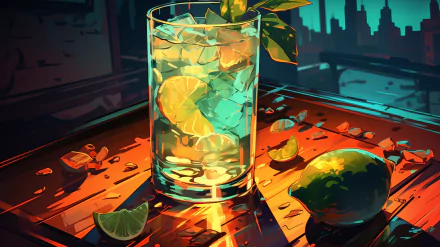 A vibrant HD wallpaper featuring a refreshing mojito cocktail in a glass, surrounded by lime wedges and ice, set against a stylized city backdrop.