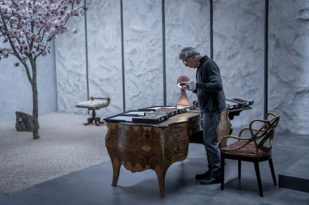 HD wallpaper featuring a scene from Interview with the Vampire with a character examining an object on an ornate table in a room with cherry blossoms and vintage furniture.