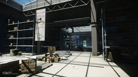 HD desktop wallpaper from the video game Escape from Tarkov, featuring a detailed scene of a shadowy, sunlit warehouse interior.