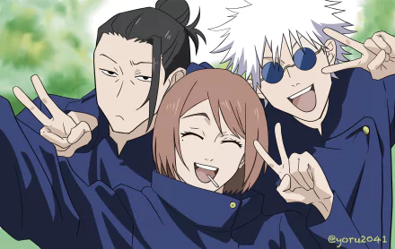 HD anime desktop wallpaper featuring Satoru Gojo, Shoko Ieiri, and Suguru Geto from Jujutsu Kaisen, with Gojo and Geto posing playfully together.