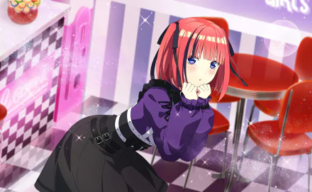 Nino Nakano from The Quintessential Quintuplets in a vibrant 4K Ultra HD anime desktop wallpaper, featuring her striking red hair and purple outfit in a colorful café setting.