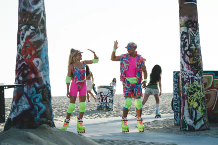 Alt Text: A vibrant HD wallpaper featuring two characters dressed in colorful 90s-inspired outfits inline skating at a graffiti-decorated location, evoking themes from the 2023 Barbie film.