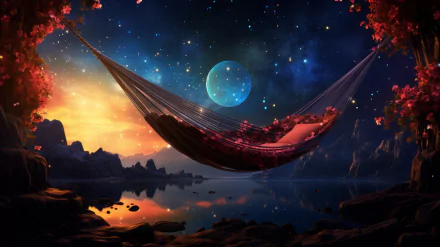 HD desktop wallpaper featuring AI art of a tranquil hammock scene with a glistening moon over a serene lake, encircled by autumn-colored trees under a starry night sky.