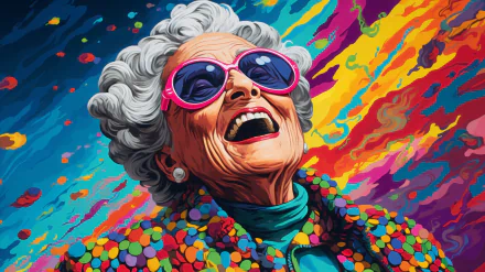 Vibrant AI art pop art style HD wallpaper featuring a joyful grandmother with stylish sunglasses against a colorful abstract background.
