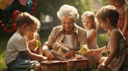 An engaging AI-generated artwork depicting a grandmother joyfully unwrapping gifts surrounded by children, capturing a heartwarming moment in a sunny outdoor setting.