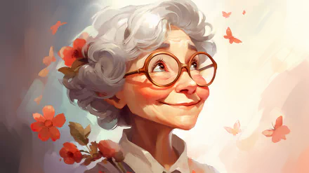 HD desktop wallpaper featuring an artistic rendering of a joyful grandmother with white hair and glasses, surrounded by butterflies and flowers.