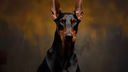 HD desktop wallpaper featuring a majestic Doberman Pinscher against a textured golden-brown background.