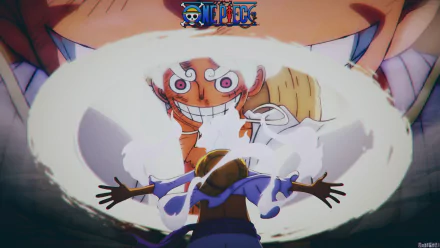 HD One Piece anime wallpaper featuring Monkey D. Luffy in Gear 5 form with dynamic action and vibrant colors for PC desktop background.