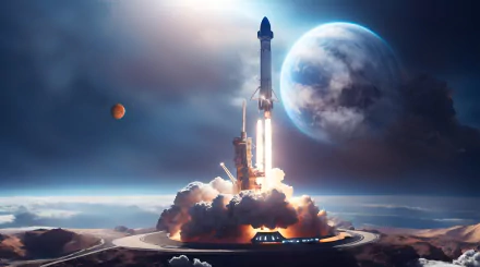 Artistic 4K Ultra HD space wallpaper depicting a rocket launch with planets and cosmic clouds in the background, rich in vibrant colors and dynamic lighting.