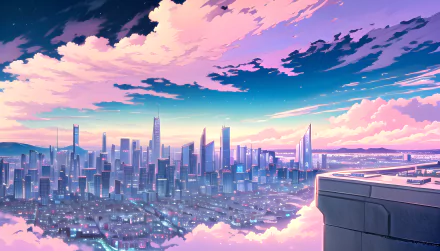 HD anime-style cityscape at sunset with vibrant pink and blue skies, created as AI art for a PC desktop wallpaper and background.