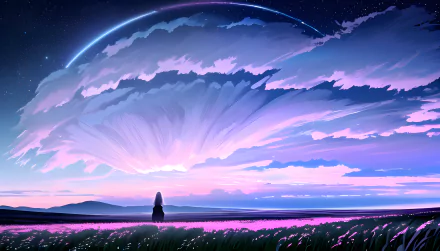 AI art anime girl silhouette in a flower field under a vast pastel pink-purple sky with a glowing horizon and distant ringed planet — 2K Quad HD PC desktop wallpaper background.