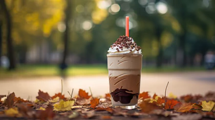 HD wallpaper of a coffee milkshake surrounded by autumn leaves, topped with whipped cream and chocolate sprinkles, set in a serene outdoor setting.