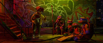 A vibrant HD wallpaper from Teenage Mutant Ninja Turtles: Mutant Mayhem, featuring animated turtles listening to a character in a graffiti-covered urban setting.