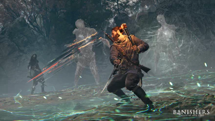 HD desktop wallpaper from Banishers: Ghosts of New Eden showing a character wielding a bow with ghostly figures and a warrior in a misty forest.