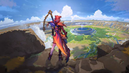 HD desktop wallpaper featuring a character from League of Legends, overlooking a vast landscape from a rocky ledge.