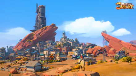 HD desktop wallpaper of My Time at Sandrock game featuring a vibrant town view with characteristic red rock formations and buildings.