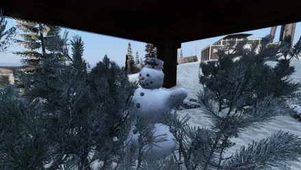 HD PC desktop wallpaper and background from the video game DayZ showing a snowy landscape with a crooked snowman peeking through frost-covered bushes under a wooden porch.