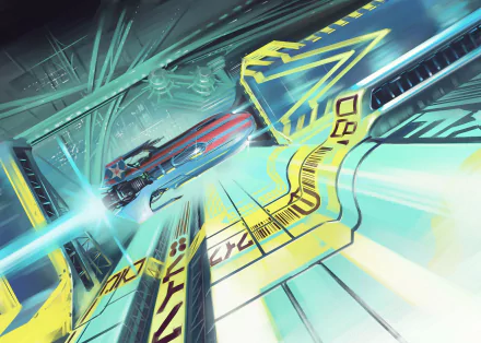 HD desktop wallpaper from Wipeout Omega Collection featuring a futuristic race track with a high-speed hovercraft in motion.