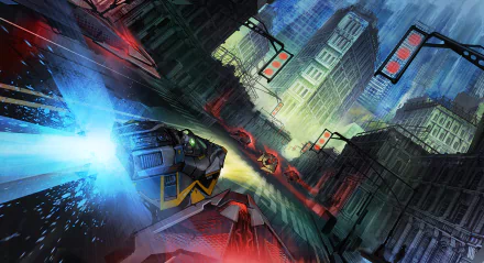HD desktop wallpaper from 'Wipeout Omega Collection' featuring a futuristic racing ship speeding through a vibrant, neon-lit cityscape.