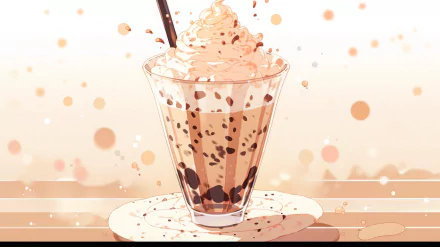 A delicious coffee milkshake topped with whipped cream and drizzled with chocolate, presented in a clear glass on a plate, set against a softly blurred background.