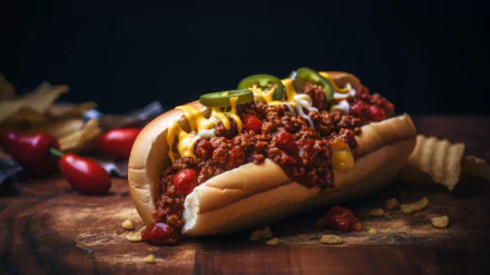 HD desktop wallpaper featuring a delicious chili dog garnished with jalapeños and drizzled with sauces on a wooden surface with scattered chips and tomatoes.