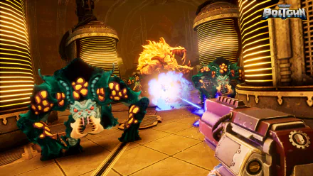 HD desktop wallpaper from the video game Warhammer 40,000: Boltgun, featuring an intense battle scene inside a futuristic corridor.