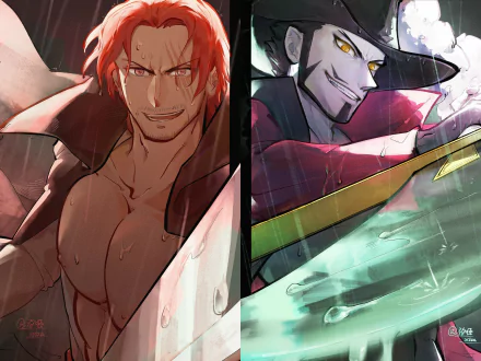 A dynamic 4K Ultra HD wallpaper featuring Shanks and Dracule Mihawk from One Piece, showcasing their intense expressions and iconic styles in a dramatic setting.