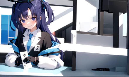 HD PC desktop wallpaper of Hayase Yuuka from the video game Blue Archive, featuring her in a modern office setting with a confident expression.