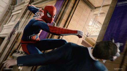 HD desktop wallpaper from Marvel's Spider-Man Remastered video game, featuring Spider-Man in action, swinging away from an adversary.