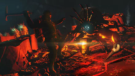 HD desktop wallpaper from the video game Edge of Nowhere, featuring a character confronting a giant, multi-legged creature in a fiery, cave-like setting.