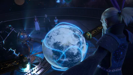 HD desktop wallpaper of Final Fantasy VII Rebirth showcasing characters observing a holographic globe in a mystical observatory.