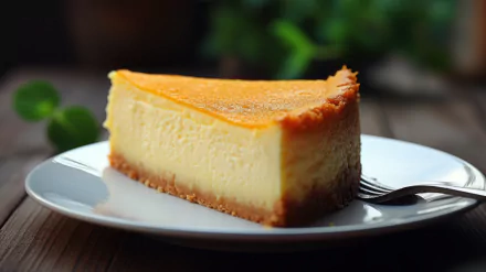 HD wallpaper of a delicious slice of cheesecake on a white plate with a blurred natural background for a serene desktop ambiance.