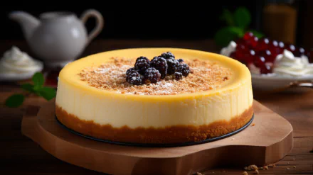 HD desktop wallpaper featuring a delicious cheesecake topped with blackberries, with AI art tags for a mouth-watering background theme.