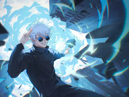 HD PC desktop wallpaper featuring Satoru Gojo from the anime Jujutsu Kaisen, depicted with white hair, sunglasses, and surrounded by dynamic blue energy effects.