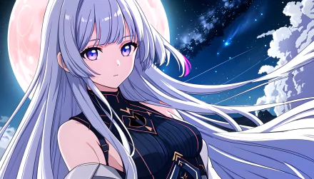 AI Art anime girl with long silver hair and violet eyes in a dark outfit, flowing hair before a full moon and starry sky — 5K Ultra HD PC wallpaper/background.