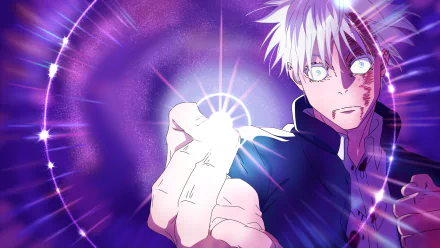 HD desktop wallpaper featuring Satoru Gojo from the anime Jujutsu Kaisen, showcasing dynamic energy waves and intense action.