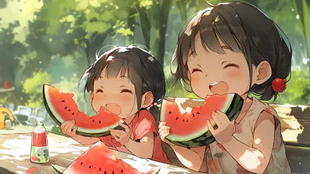 HD desktop wallpaper featuring two animated children joyfully eating watermelon in a sunny outdoor setting.