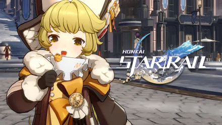 HD desktop wallpaper featuring Hook from the video game Honkai: Star Rail, standing in an architectural setting with the game logo visible.