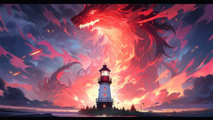HD desktop wallpaper of an artistic lighthouse with a vivid red dragon-like apparition in the sky, created with AI art.