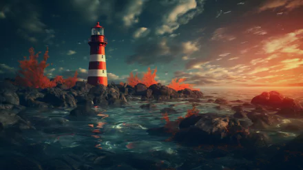 HD Wallpaper of a striped lighthouse on rocky shore with sunset, AI art background.