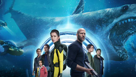 HD wallpaper of Meg 2: The Trench featuring Jason Statham and cast with a giant shark looming in the background.