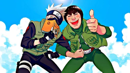 HD anime wallpaper featuring Naruto characters Kakashi Hatake and Might Guy against a bright blue sky, showcasing their dynamic friendship and energy.